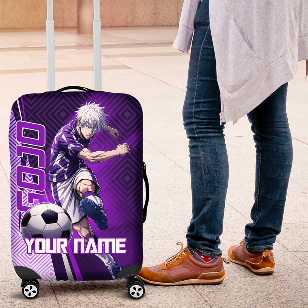 Personalized Gojo Satoru Jujutsu Kaisen Soccer Theme Luggage Cover with Kicking Pose and Purple Gradient Geometric Graphic Design - The Mazicc