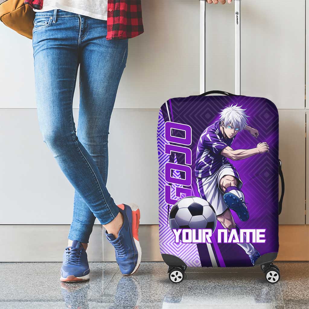 Personalized Gojo Satoru Jujutsu Kaisen Soccer Theme Luggage Cover with Kicking Pose and Purple Gradient Geometric Graphic Design - The Mazicc