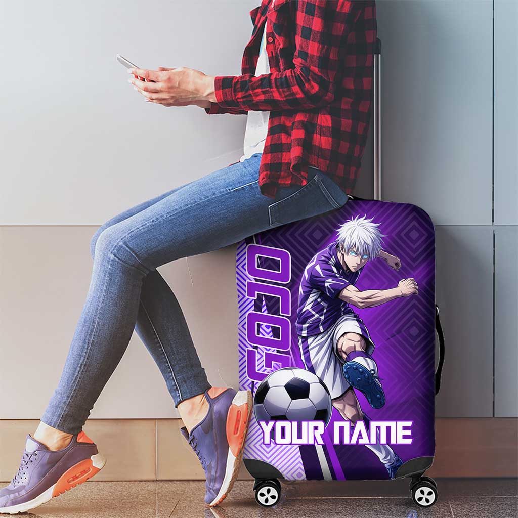 Personalized Gojo Satoru Jujutsu Kaisen Soccer Theme Luggage Cover with Kicking Pose and Purple Gradient Geometric Graphic Design - The Mazicc