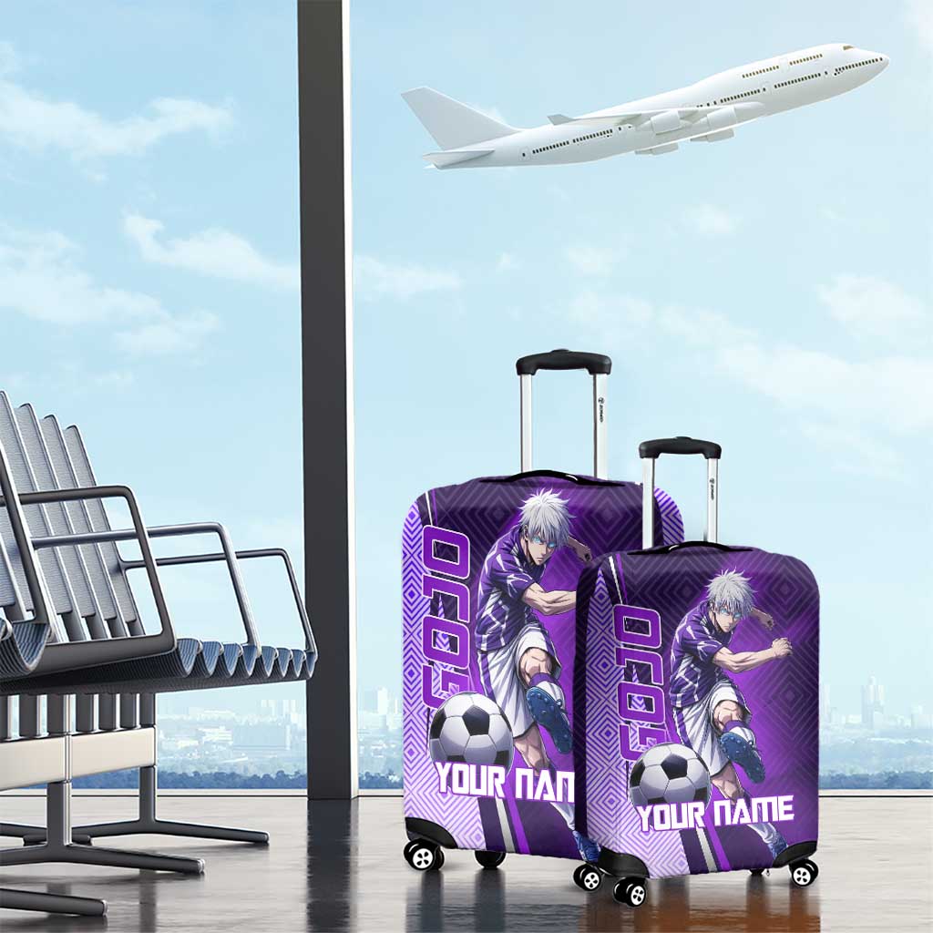 Personalized Gojo Satoru Jujutsu Kaisen Soccer Theme Luggage Cover with Kicking Pose and Purple Gradient Geometric Graphic Design - The Mazicc