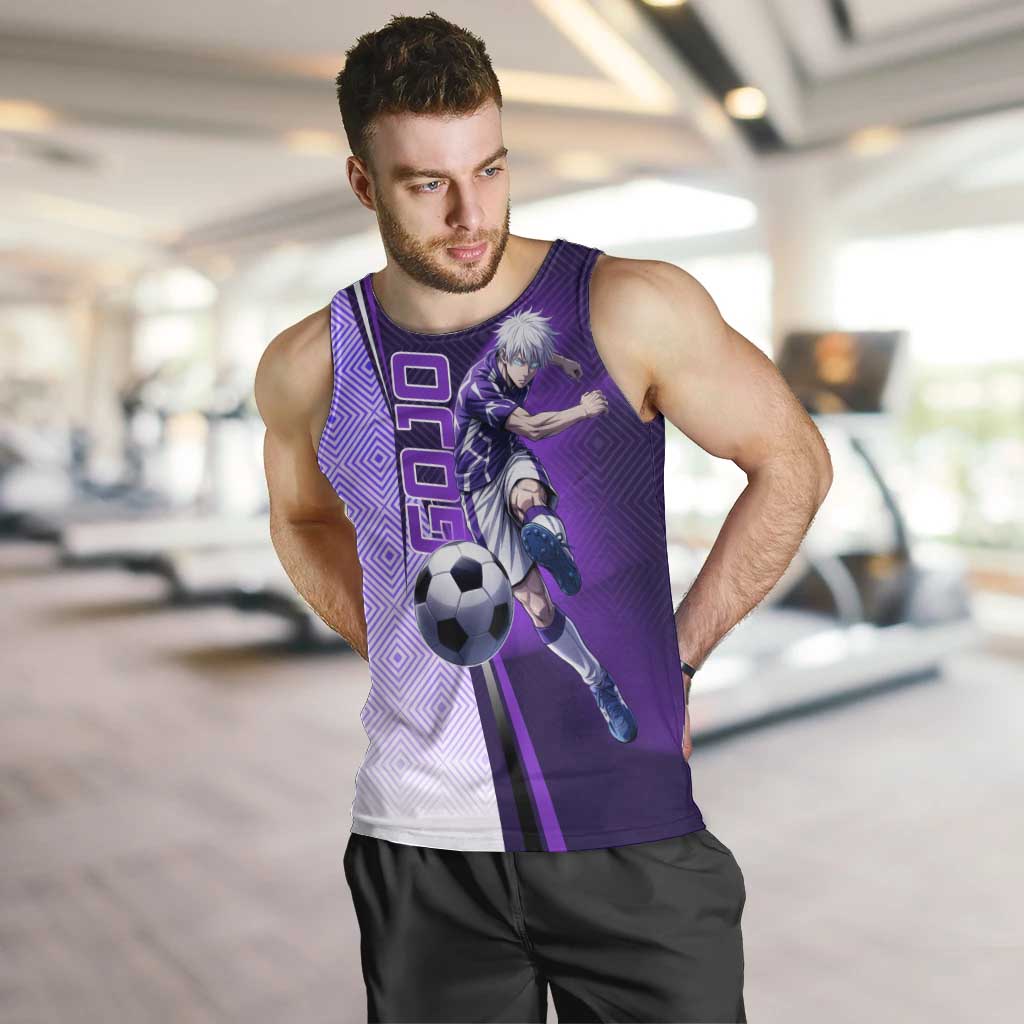 Personalized Gojo Satoru Jujutsu Kaisen Soccer Theme Men Tank Top with Kicking Pose and Purple Gradient Geometric Graphic Design - The Mazicc