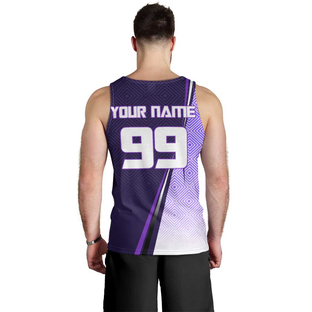 Personalized Gojo Satoru Jujutsu Kaisen Soccer Theme Men Tank Top with Kicking Pose and Purple Gradient Geometric Graphic Design - The Mazicc