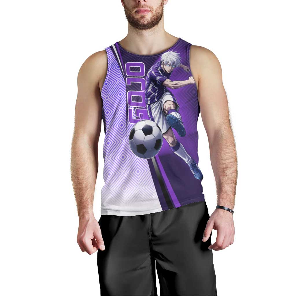 Personalized Gojo Satoru Jujutsu Kaisen Soccer Theme Men Tank Top with Kicking Pose and Purple Gradient Geometric Graphic Design - The Mazicc