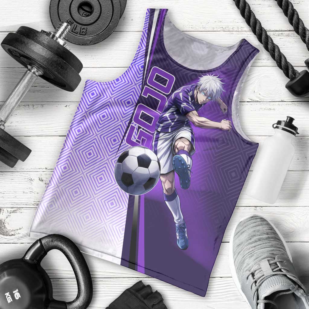 Personalized Gojo Satoru Jujutsu Kaisen Soccer Theme Men Tank Top with Kicking Pose and Purple Gradient Geometric Graphic Design - The Mazicc
