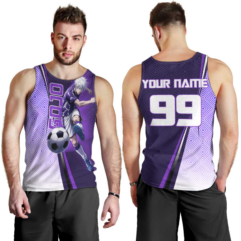 Personalized Gojo Satoru Jujutsu Kaisen Soccer Theme Men Tank Top with Kicking Pose and Purple Gradient Geometric Graphic Design - The Mazicc