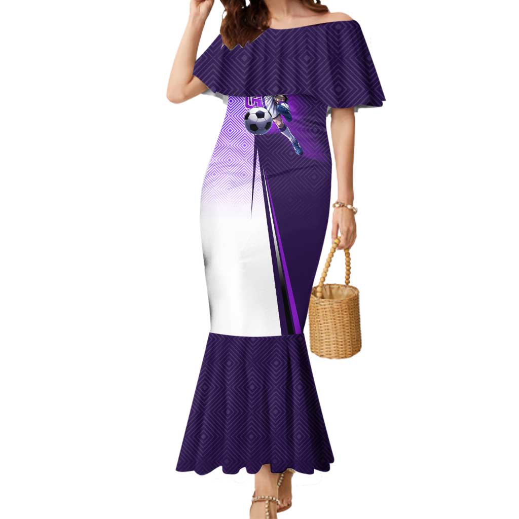 Personalized Gojo Satoru Jujutsu Kaisen Soccer Theme Mermaid Dress with Kicking Pose and Purple Gradient Geometric Graphic Design - The Mazicc