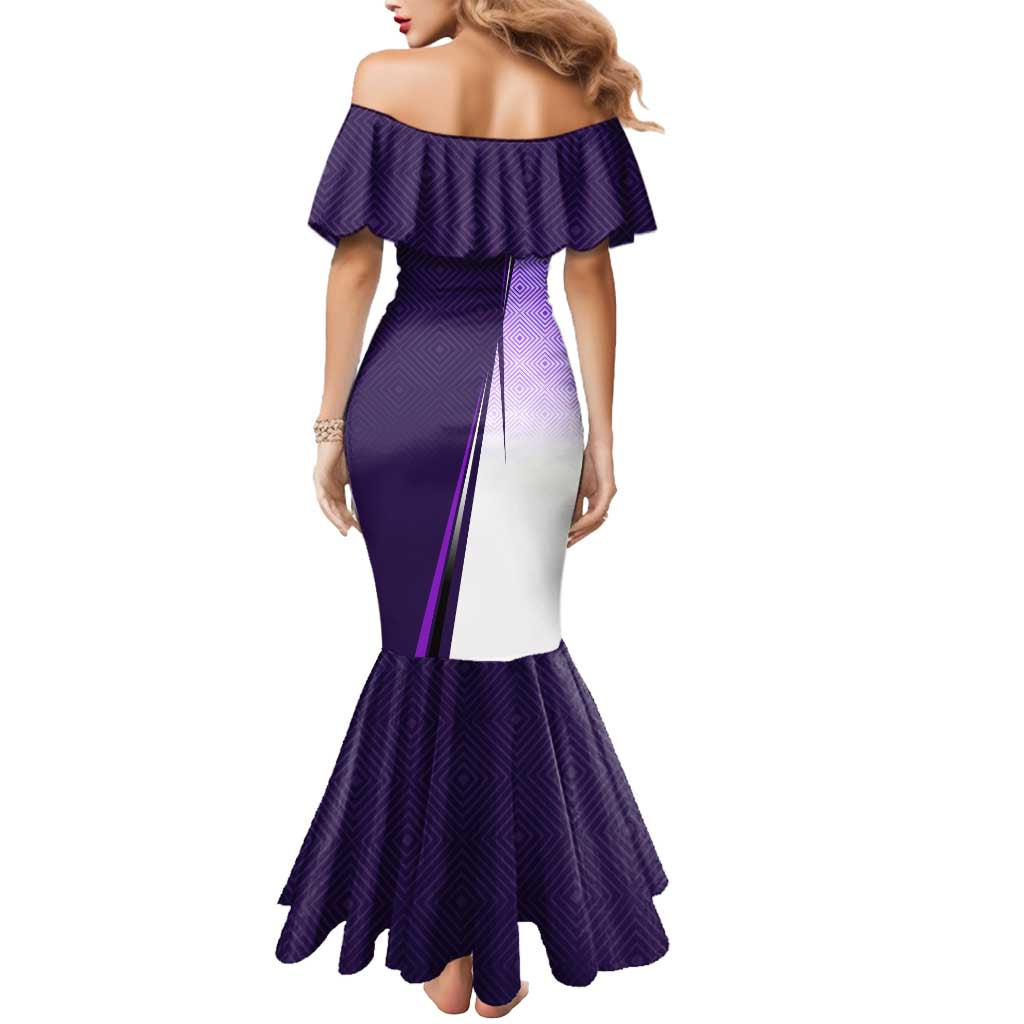 Personalized Gojo Satoru Jujutsu Kaisen Soccer Theme Mermaid Dress with Kicking Pose and Purple Gradient Geometric Graphic Design - The Mazicc