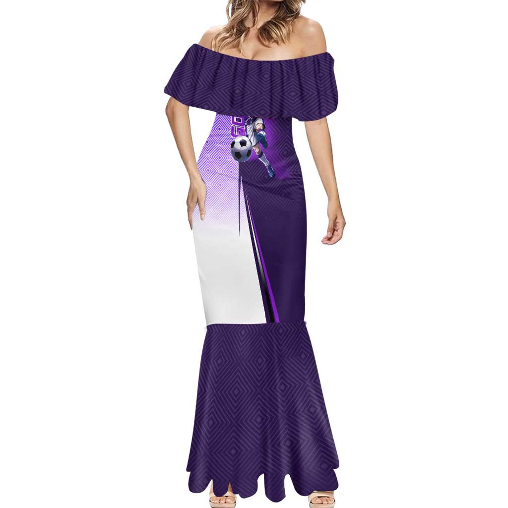 Personalized Gojo Satoru Jujutsu Kaisen Soccer Theme Mermaid Dress with Kicking Pose and Purple Gradient Geometric Graphic Design - The Mazicc
