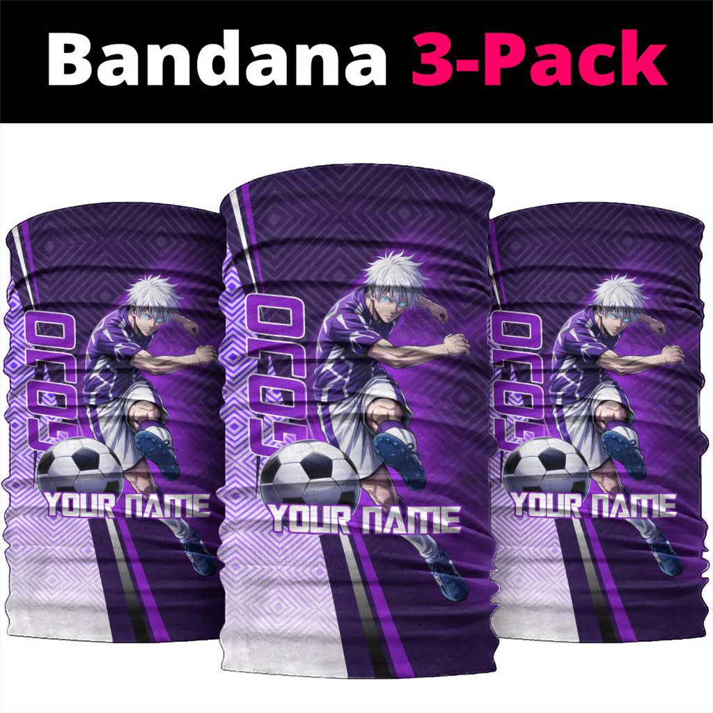 Personalized Gojo Satoru Jujutsu Kaisen Soccer Theme Neck Gaiter with Kicking Pose and Purple Gradient Geometric Graphic Design - The Mazicc