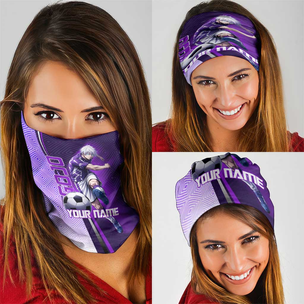 Personalized Gojo Satoru Jujutsu Kaisen Soccer Theme Neck Gaiter with Kicking Pose and Purple Gradient Geometric Graphic Design - The Mazicc