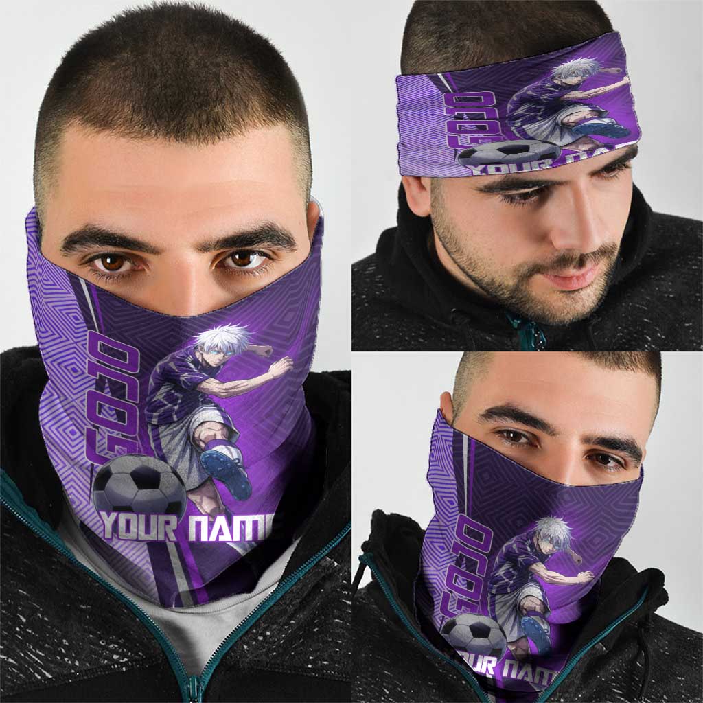 Personalized Gojo Satoru Jujutsu Kaisen Soccer Theme Neck Gaiter with Kicking Pose and Purple Gradient Geometric Graphic Design - The Mazicc