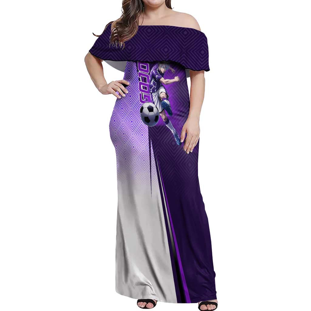 Personalized Gojo Satoru Jujutsu Kaisen Soccer Theme Off Shoulder Maxi Dress with Kicking Pose and Purple Gradient Geometric Graphic Design - The Mazicc
