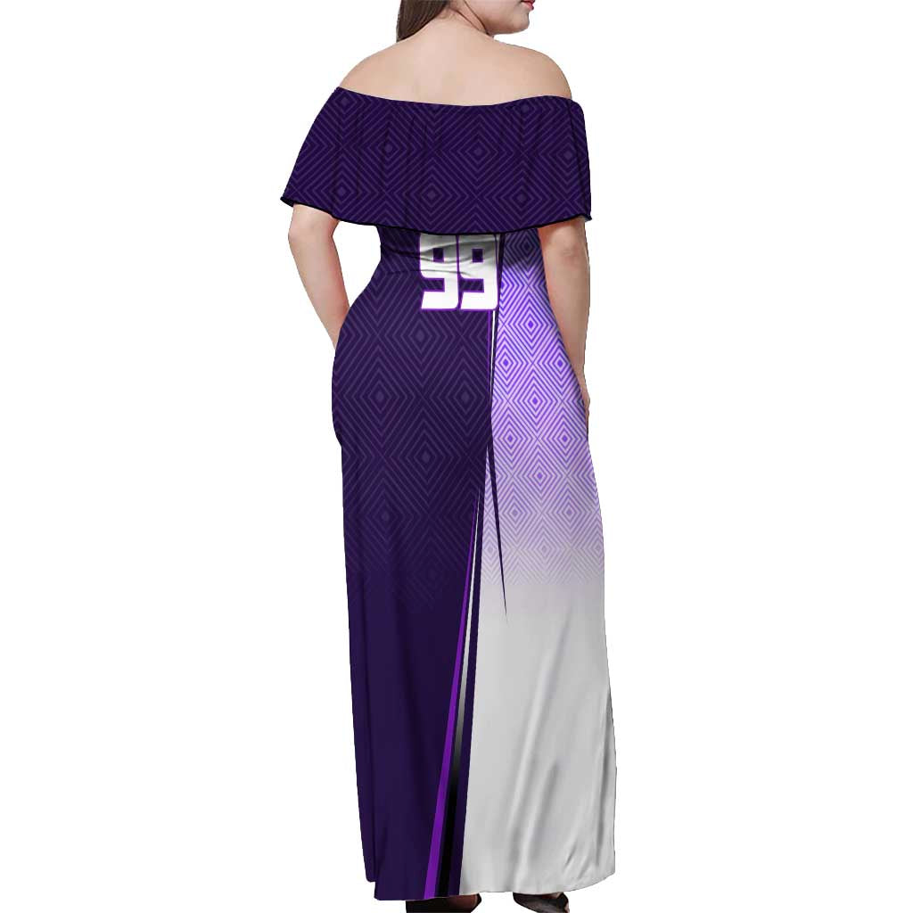 Personalized Gojo Satoru Jujutsu Kaisen Soccer Theme Off Shoulder Maxi Dress with Kicking Pose and Purple Gradient Geometric Graphic Design - The Mazicc