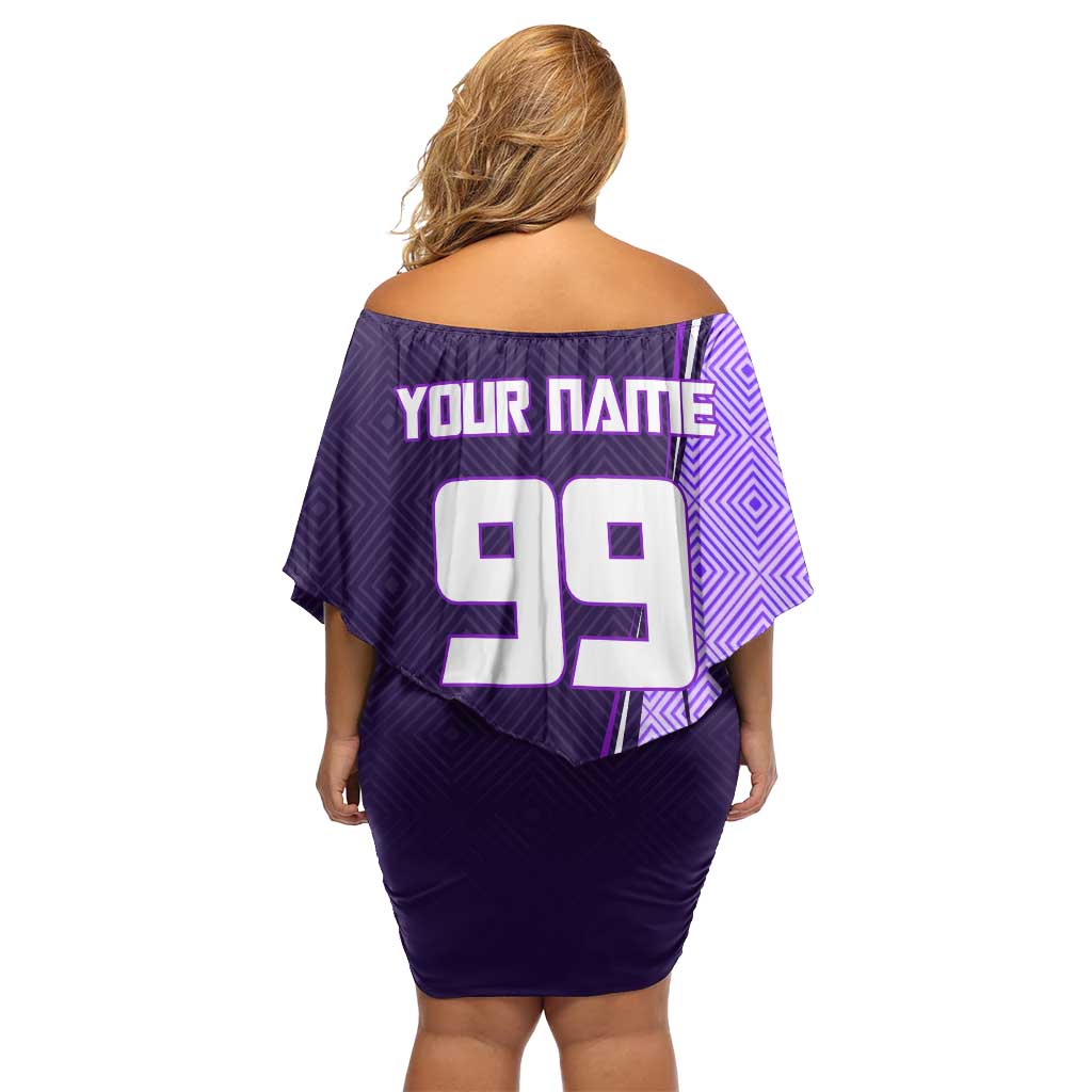 Personalized Gojo Satoru Jujutsu Kaisen Soccer Theme Off Shoulder Short Dress with Kicking Pose and Purple Gradient Geometric Graphic Design - The Mazicc