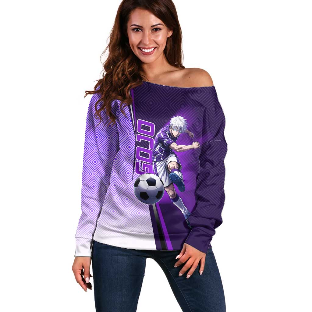 Personalized Gojo Satoru Jujutsu Kaisen Soccer Theme Off Shoulder Sweater with Kicking Pose and Purple Gradient Geometric Graphic Design - The Mazicc