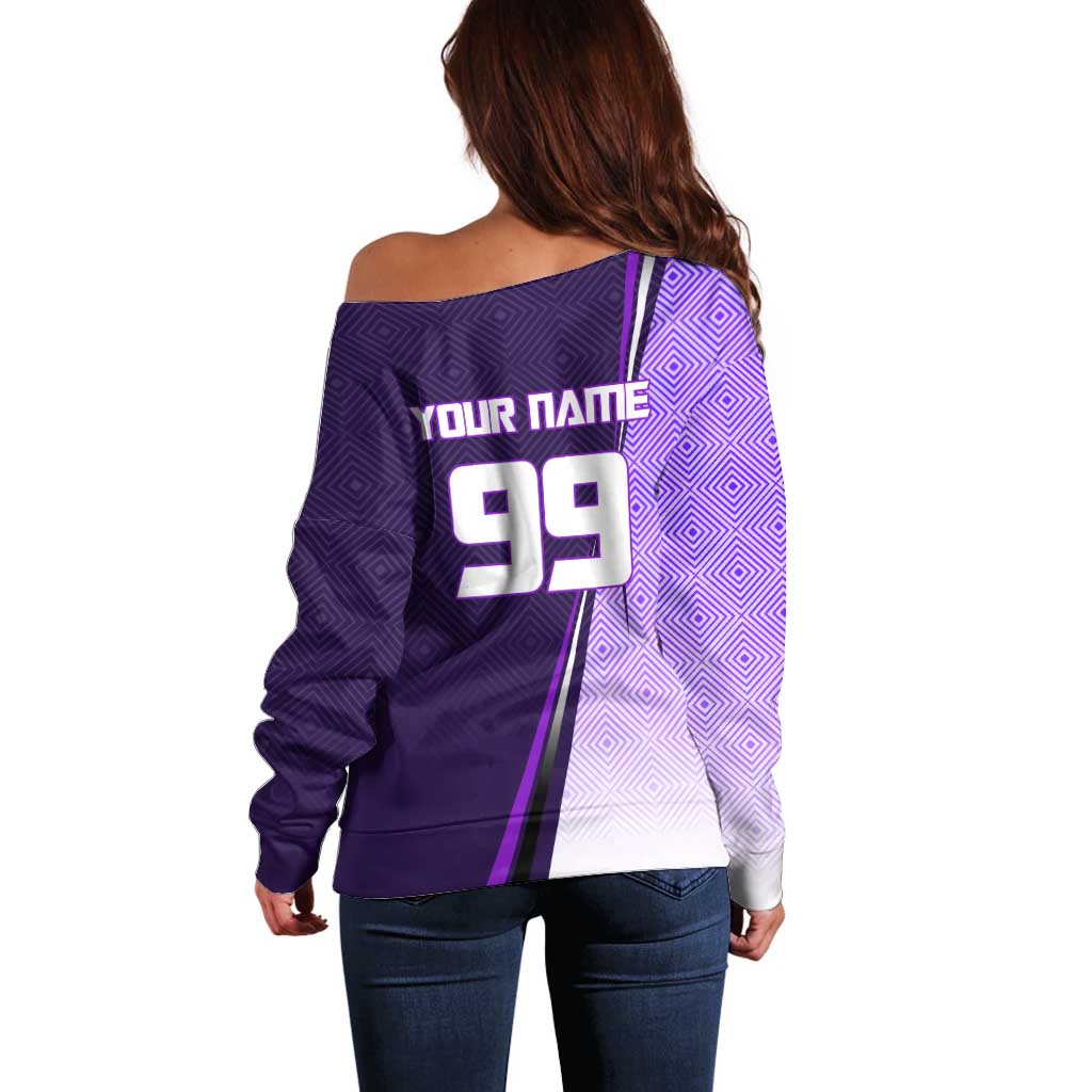 Personalized Gojo Satoru Jujutsu Kaisen Soccer Theme Off Shoulder Sweater with Kicking Pose and Purple Gradient Geometric Graphic Design - The Mazicc