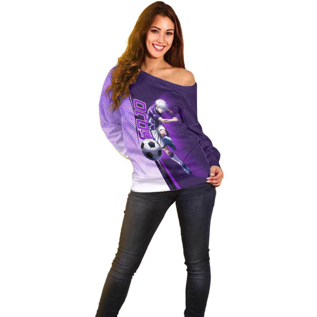 Personalized Gojo Satoru Jujutsu Kaisen Soccer Theme Off Shoulder Sweater with Kicking Pose and Purple Gradient Geometric Graphic Design - The Mazicc