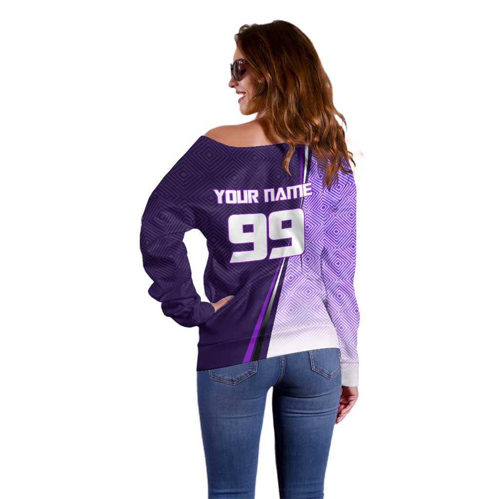 Personalized Gojo Satoru Jujutsu Kaisen Soccer Theme Off Shoulder Sweater with Kicking Pose and Purple Gradient Geometric Graphic Design - The Mazicc
