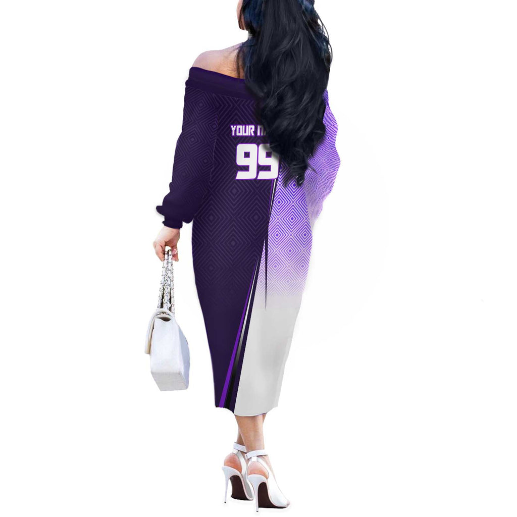 Personalized Gojo Satoru Jujutsu Kaisen Soccer Theme Off The Shoulder Long Sleeve Dress with Kicking Pose and Purple Gradient Geometric Graphic Design - The Mazicc