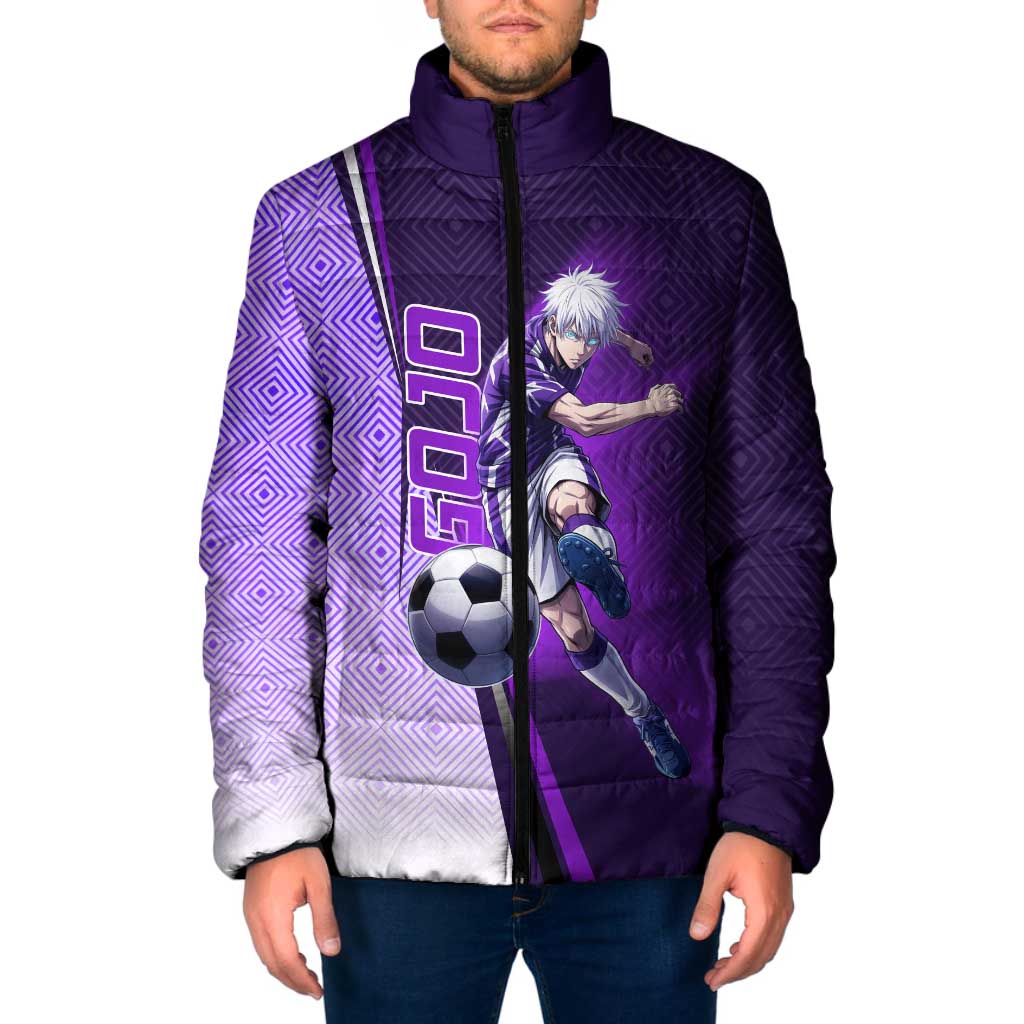 Personalized Gojo Satoru Jujutsu Kaisen Soccer Theme Padded Jacket with Kicking Pose and Purple Gradient Geometric Graphic Design - The Mazicc
