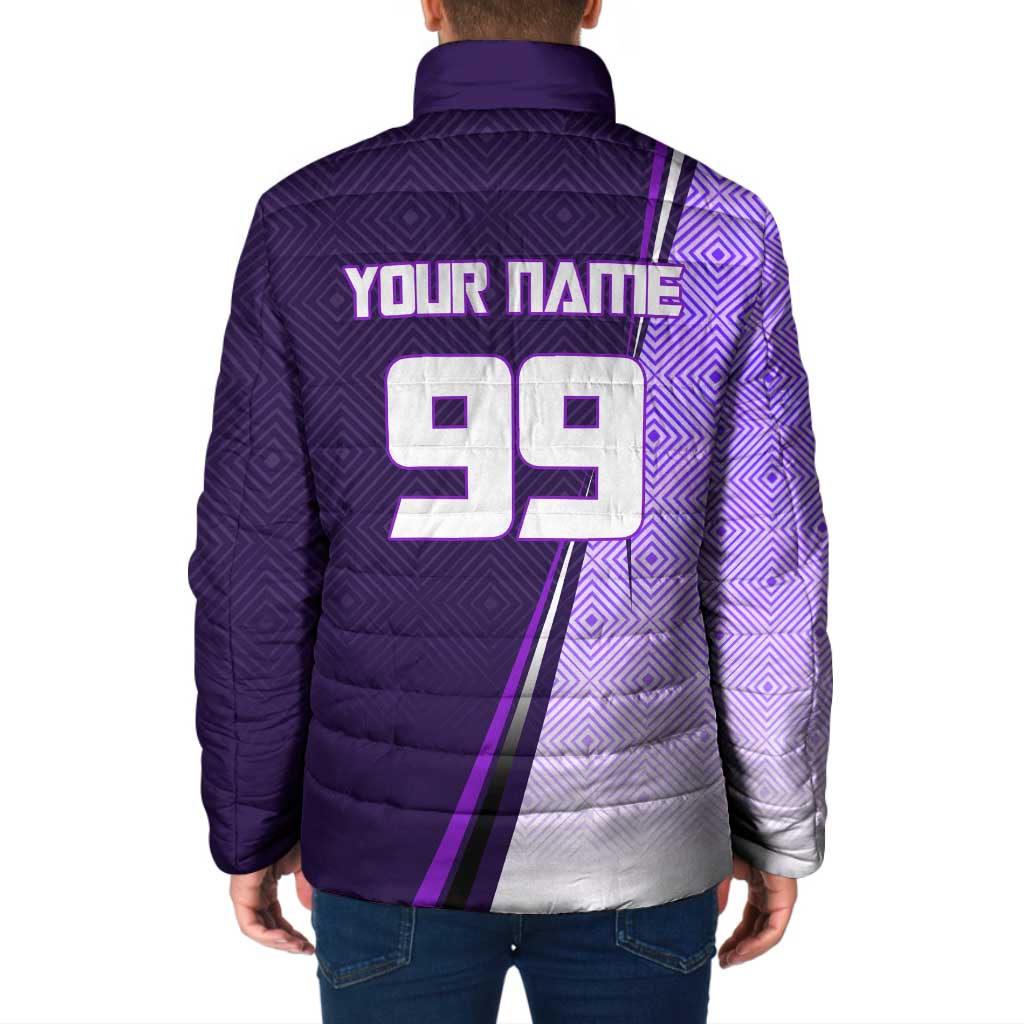Personalized Gojo Satoru Jujutsu Kaisen Soccer Theme Padded Jacket with Kicking Pose and Purple Gradient Geometric Graphic Design - The Mazicc