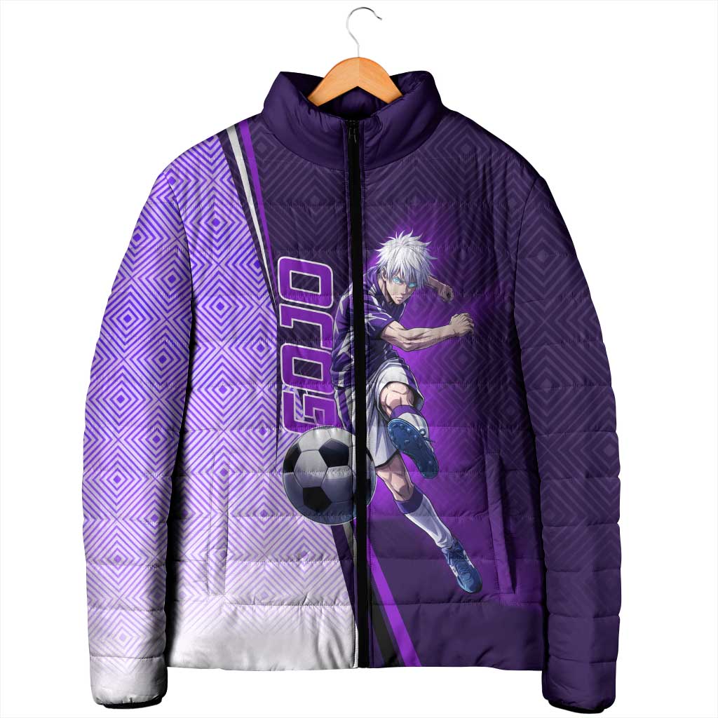 Personalized Gojo Satoru Jujutsu Kaisen Soccer Theme Padded Jacket with Kicking Pose and Purple Gradient Geometric Graphic Design - The Mazicc