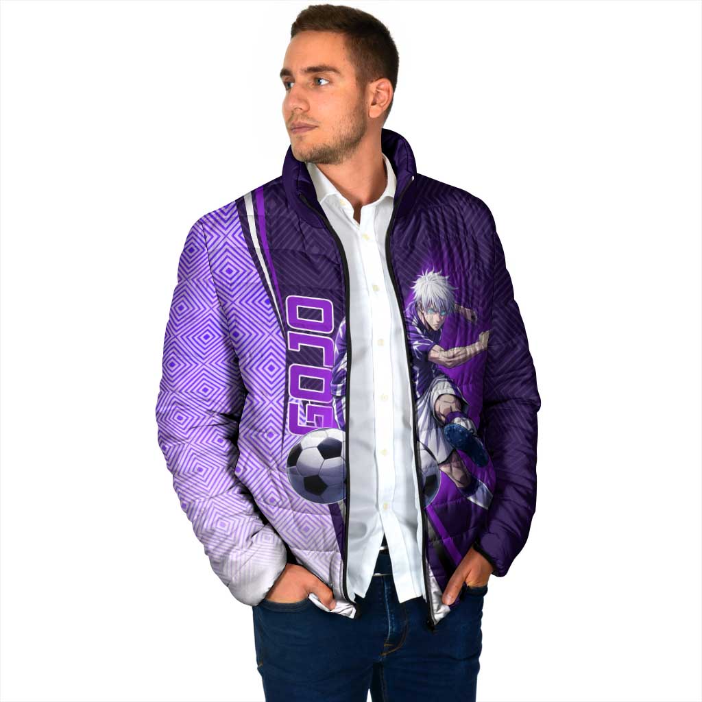 Personalized Gojo Satoru Jujutsu Kaisen Soccer Theme Padded Jacket with Kicking Pose and Purple Gradient Geometric Graphic Design - The Mazicc