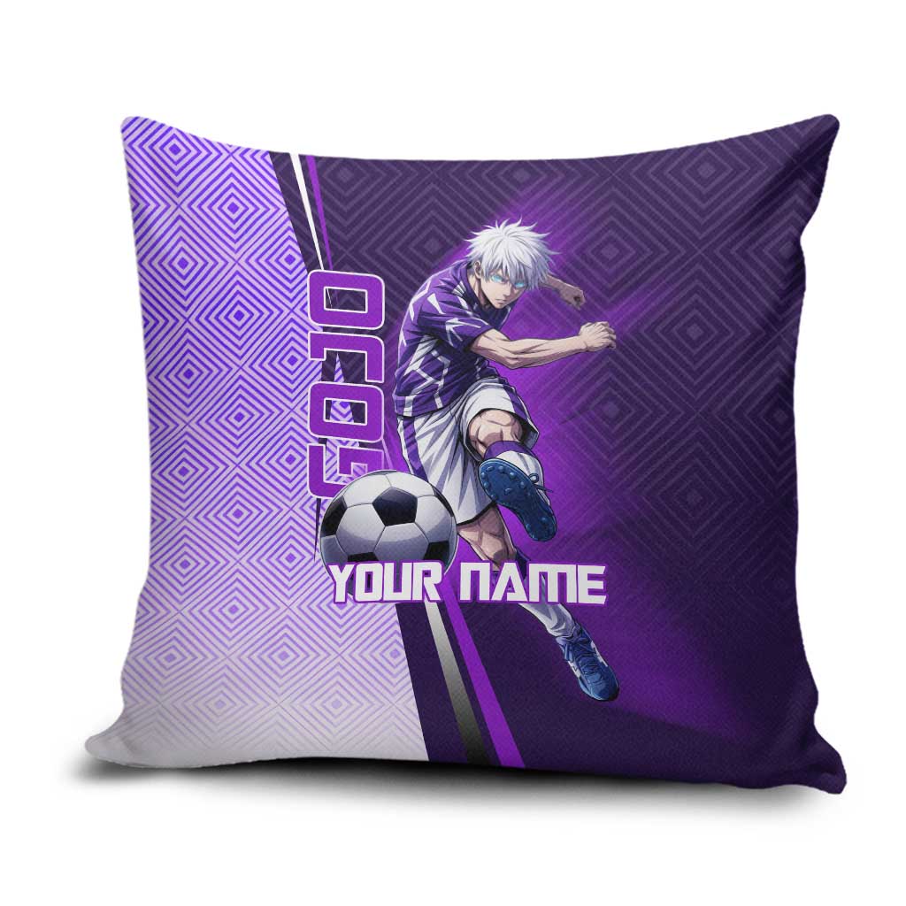 Personalized Gojo Satoru Jujutsu Kaisen Soccer Theme Pillow Cover with Kicking Pose and Purple Gradient Geometric Graphic Design - The Mazicc