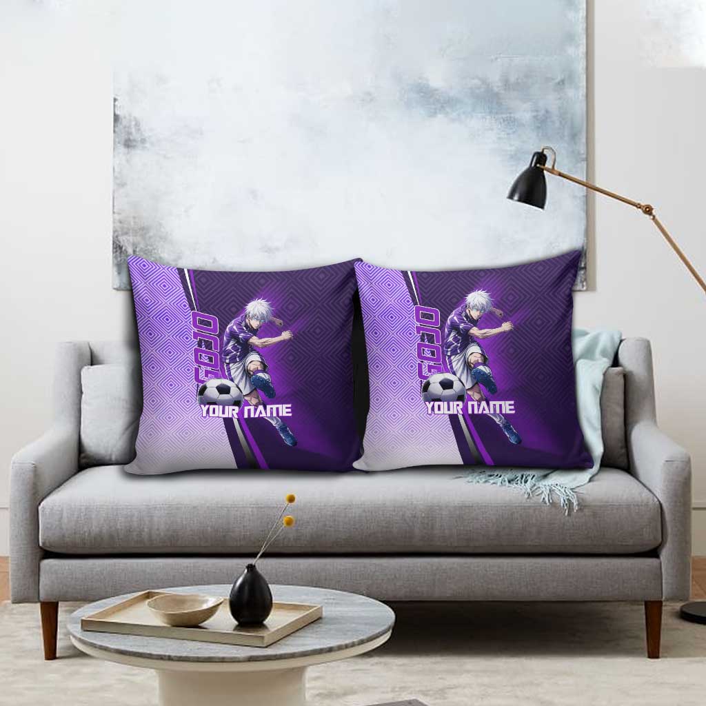 Personalized Gojo Satoru Jujutsu Kaisen Soccer Theme Pillow Cover with Kicking Pose and Purple Gradient Geometric Graphic Design - The Mazicc