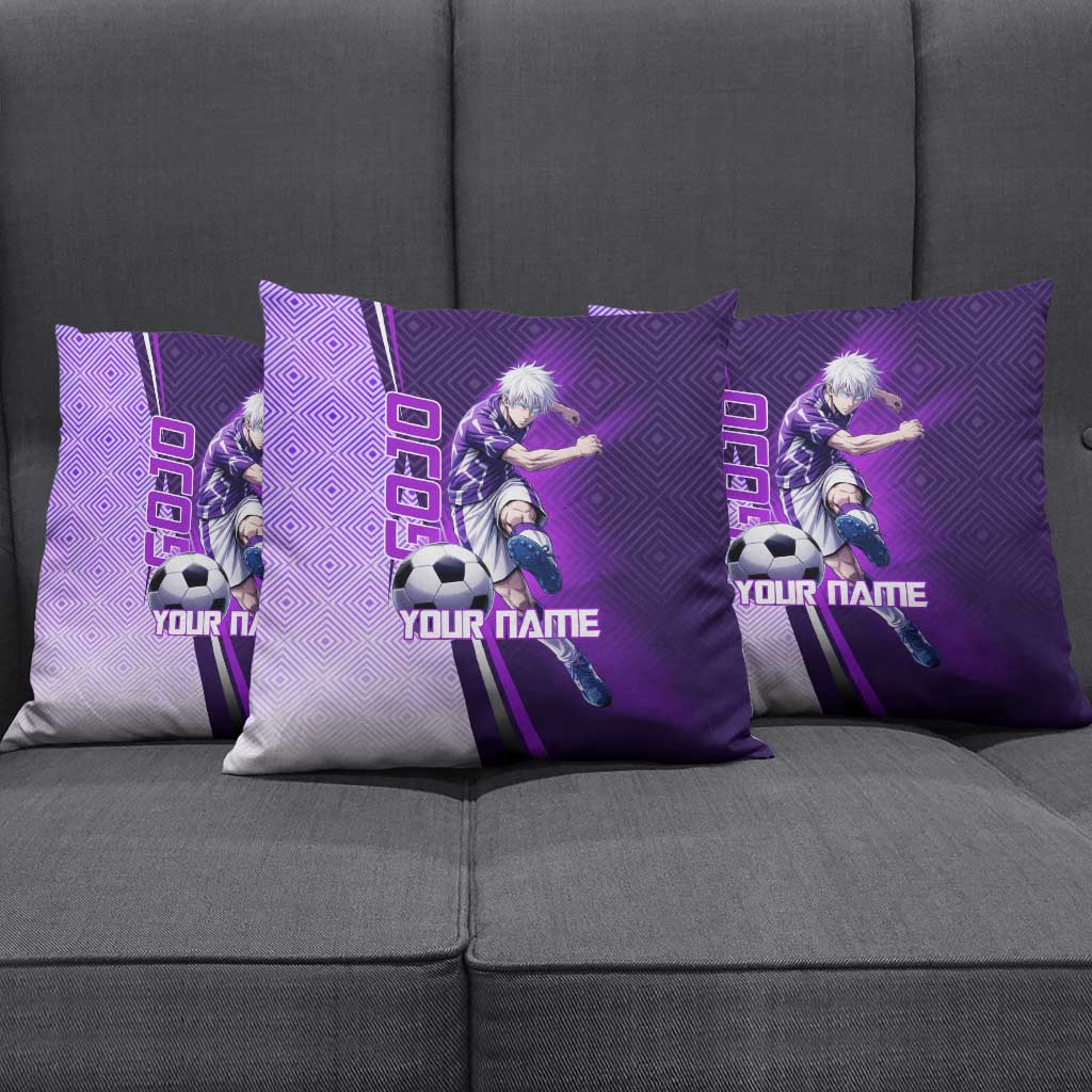 Personalized Gojo Satoru Jujutsu Kaisen Soccer Theme Pillow Cover with Kicking Pose and Purple Gradient Geometric Graphic Design - The Mazicc