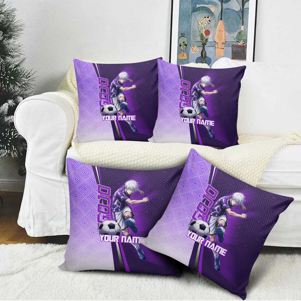 Personalized Gojo Satoru Jujutsu Kaisen Soccer Theme Pillow Cover with Kicking Pose and Purple Gradient Geometric Graphic Design - The Mazicc