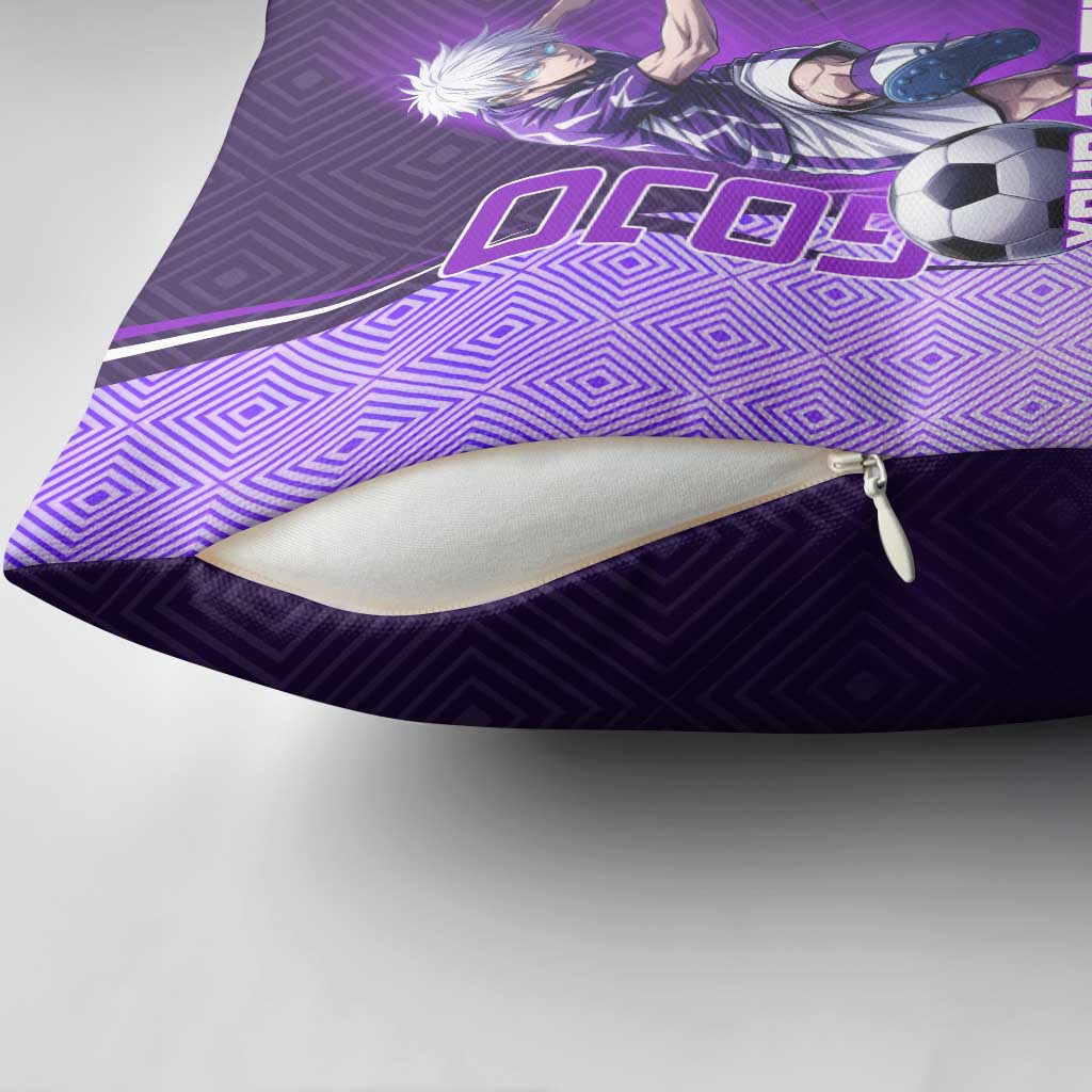 Personalized Gojo Satoru Jujutsu Kaisen Soccer Theme Pillow Cover with Kicking Pose and Purple Gradient Geometric Graphic Design - The Mazicc