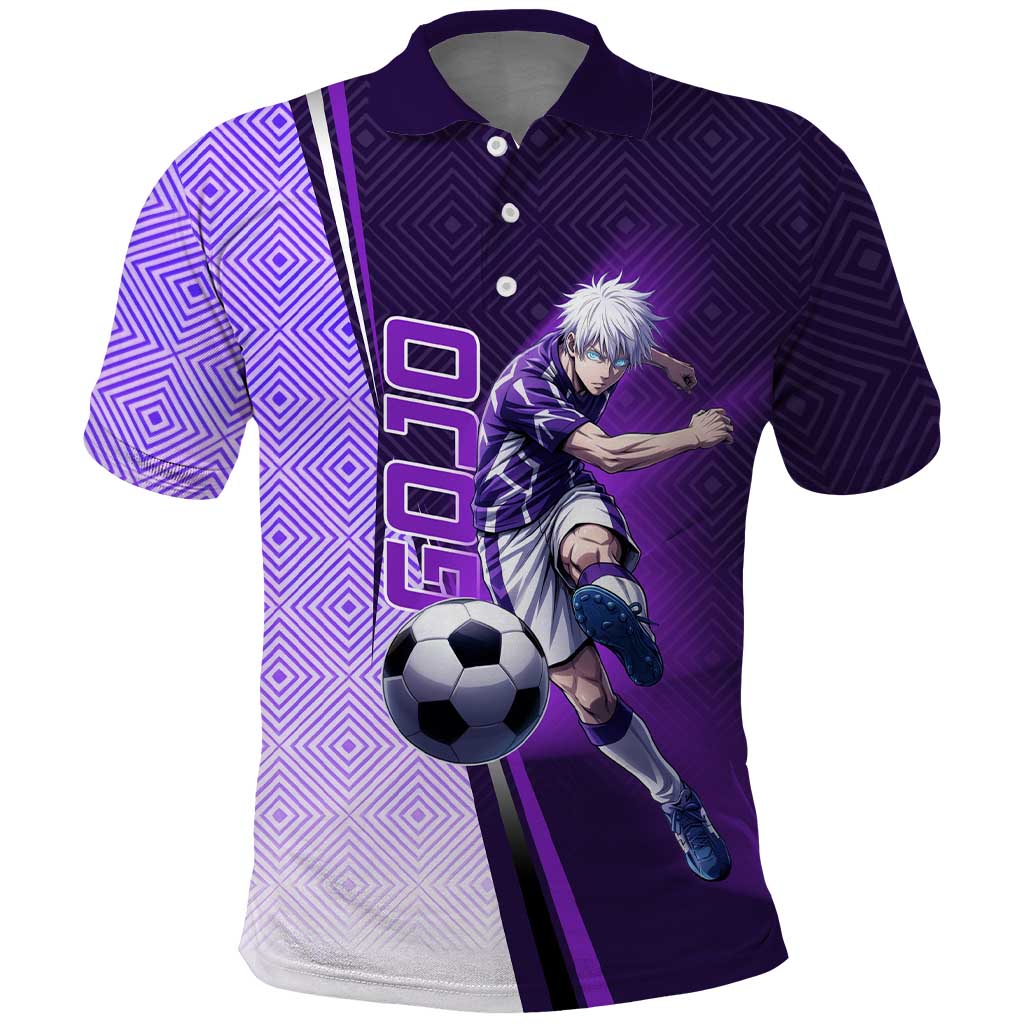 Personalized Gojo Satoru Jujutsu Kaisen Soccer Theme Polo Shirt with Kicking Pose and Purple Gradient Geometric Graphic Design - The Mazicc