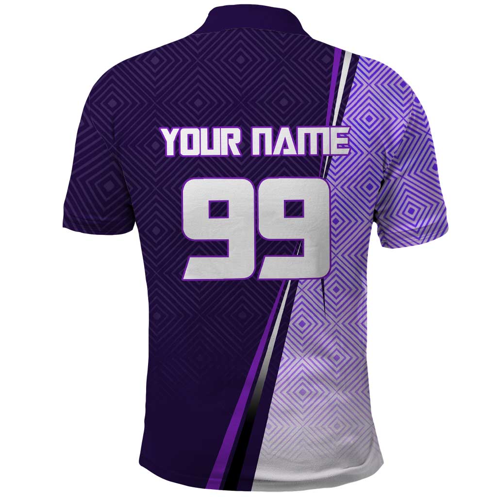 Personalized Gojo Satoru Jujutsu Kaisen Soccer Theme Polo Shirt with Kicking Pose and Purple Gradient Geometric Graphic Design - The Mazicc