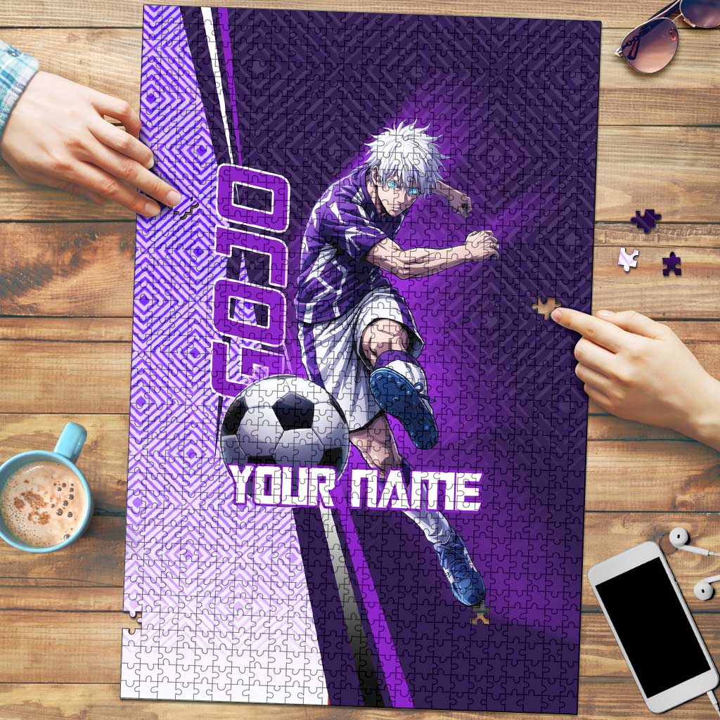 Personalized Gojo Satoru Jujutsu Kaisen Soccer Theme Puzzle with Kicking Pose and Purple Gradient Geometric Graphic Design - The Mazicc