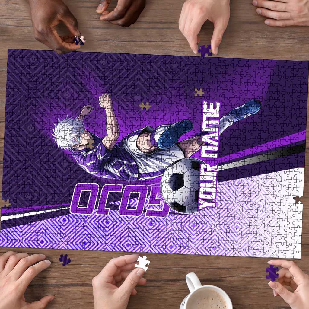 Personalized Gojo Satoru Jujutsu Kaisen Soccer Theme Puzzle with Kicking Pose and Purple Gradient Geometric Graphic Design - The Mazicc