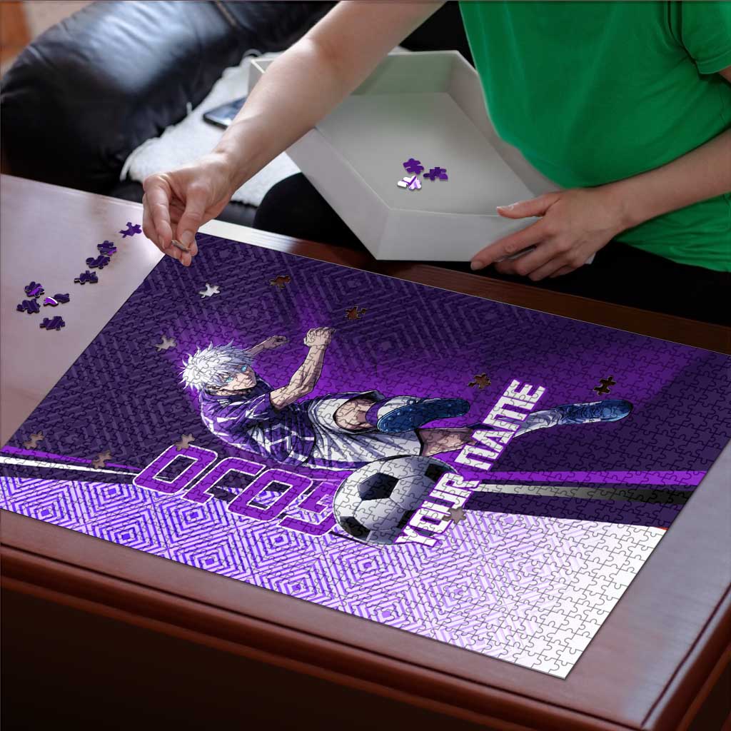 Personalized Gojo Satoru Jujutsu Kaisen Soccer Theme Puzzle with Kicking Pose and Purple Gradient Geometric Graphic Design - The Mazicc