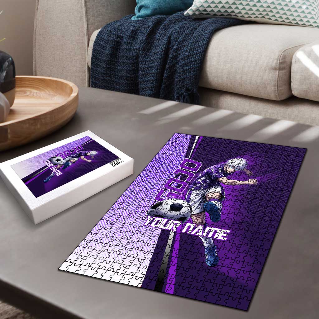 Personalized Gojo Satoru Jujutsu Kaisen Soccer Theme Puzzle with Kicking Pose and Purple Gradient Geometric Graphic Design - The Mazicc