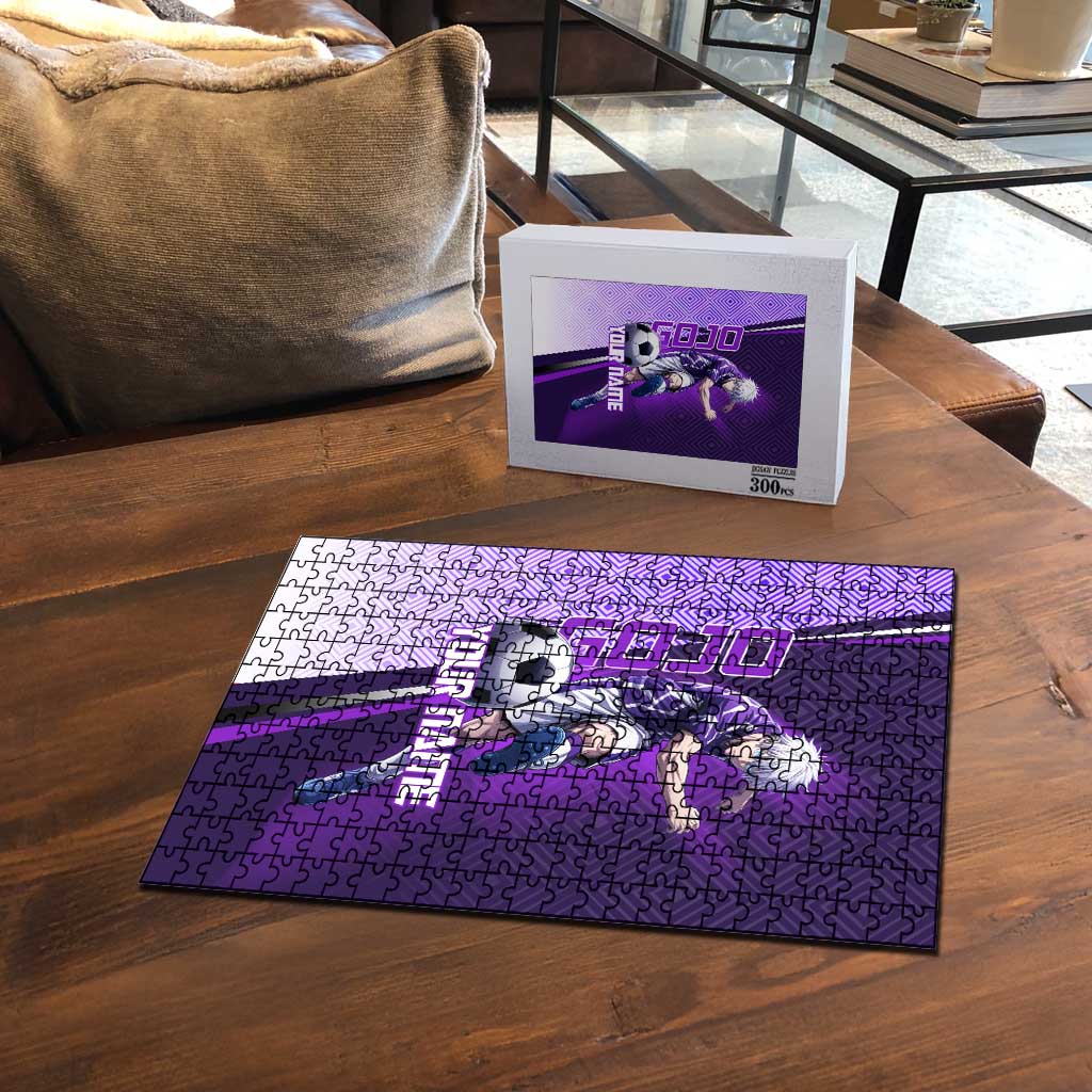 Personalized Gojo Satoru Jujutsu Kaisen Soccer Theme Puzzle with Kicking Pose and Purple Gradient Geometric Graphic Design - The Mazicc