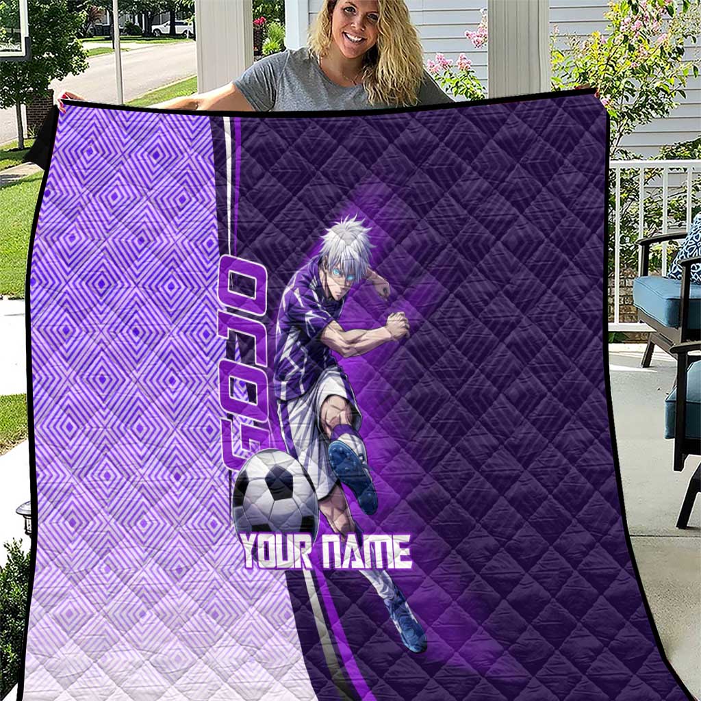 Personalized Gojo Satoru Jujutsu Kaisen Soccer Theme Quilt with Kicking Pose and Purple Gradient Geometric Graphic Design - The Mazicc