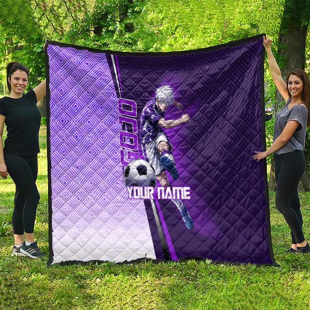 Personalized Gojo Satoru Jujutsu Kaisen Soccer Theme Quilt with Kicking Pose and Purple Gradient Geometric Graphic Design - The Mazicc