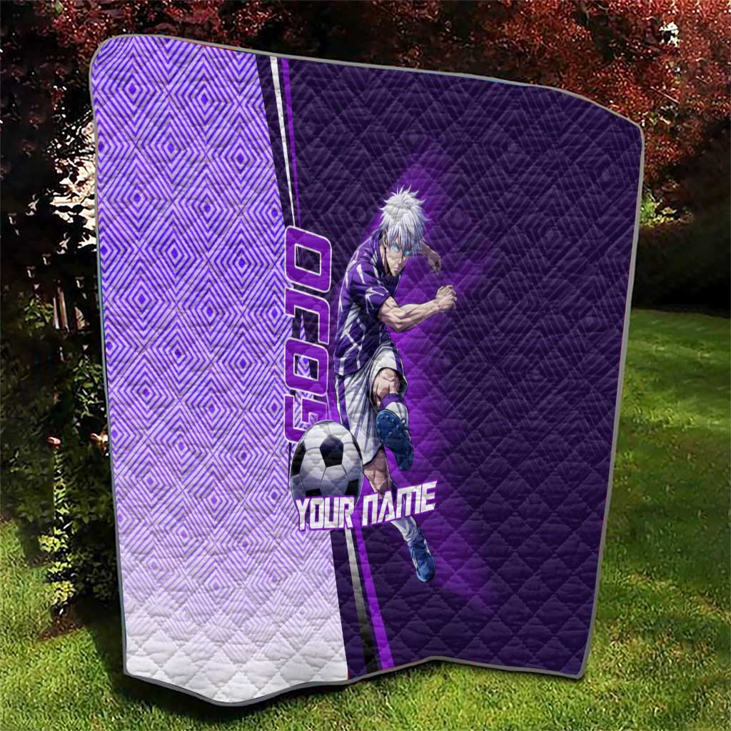 Personalized Gojo Satoru Jujutsu Kaisen Soccer Theme Quilt with Kicking Pose and Purple Gradient Geometric Graphic Design - The Mazicc
