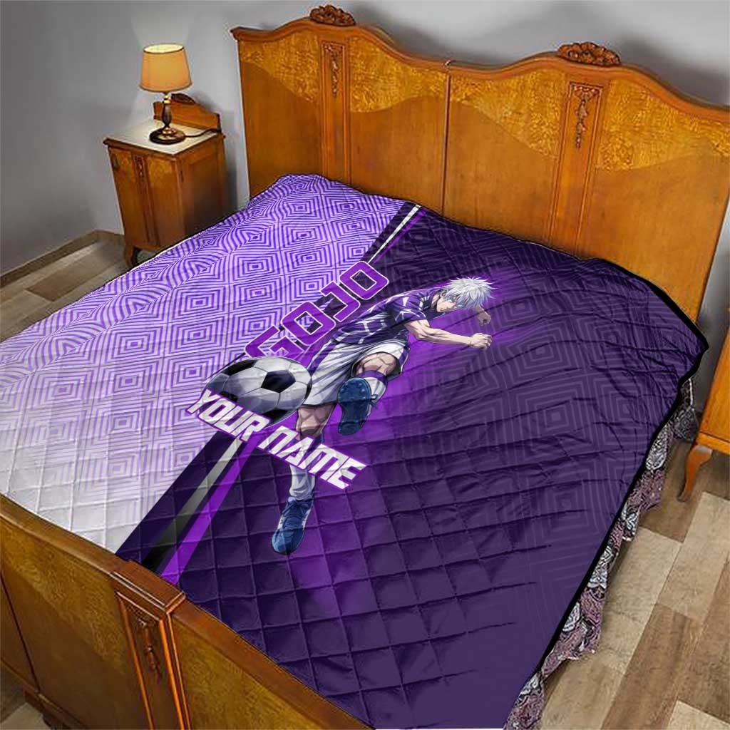 Personalized Gojo Satoru Jujutsu Kaisen Soccer Theme Quilt with Kicking Pose and Purple Gradient Geometric Graphic Design - The Mazicc