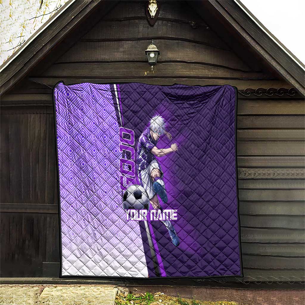 Personalized Gojo Satoru Jujutsu Kaisen Soccer Theme Quilt with Kicking Pose and Purple Gradient Geometric Graphic Design - The Mazicc