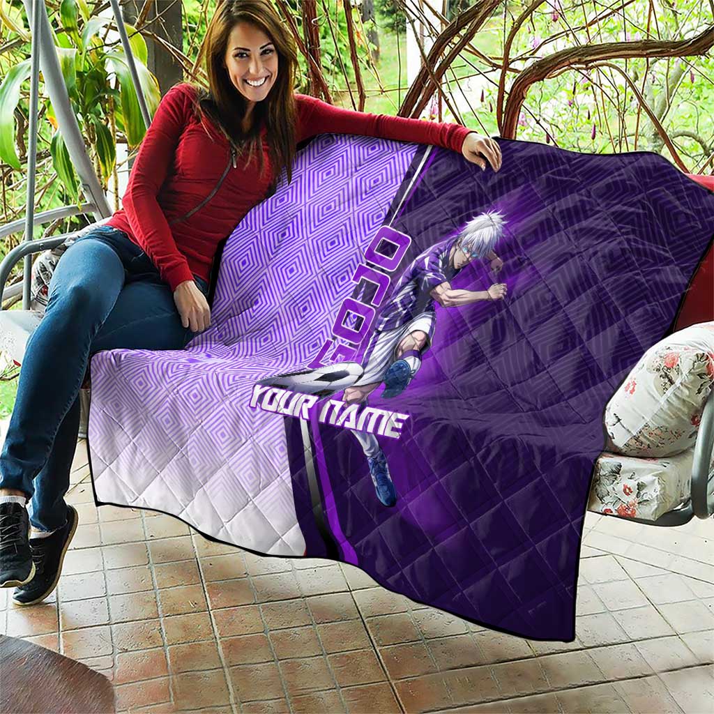 Personalized Gojo Satoru Jujutsu Kaisen Soccer Theme Quilt with Kicking Pose and Purple Gradient Geometric Graphic Design - The Mazicc