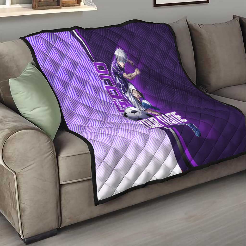 Personalized Gojo Satoru Jujutsu Kaisen Soccer Theme Quilt with Kicking Pose and Purple Gradient Geometric Graphic Design - The Mazicc