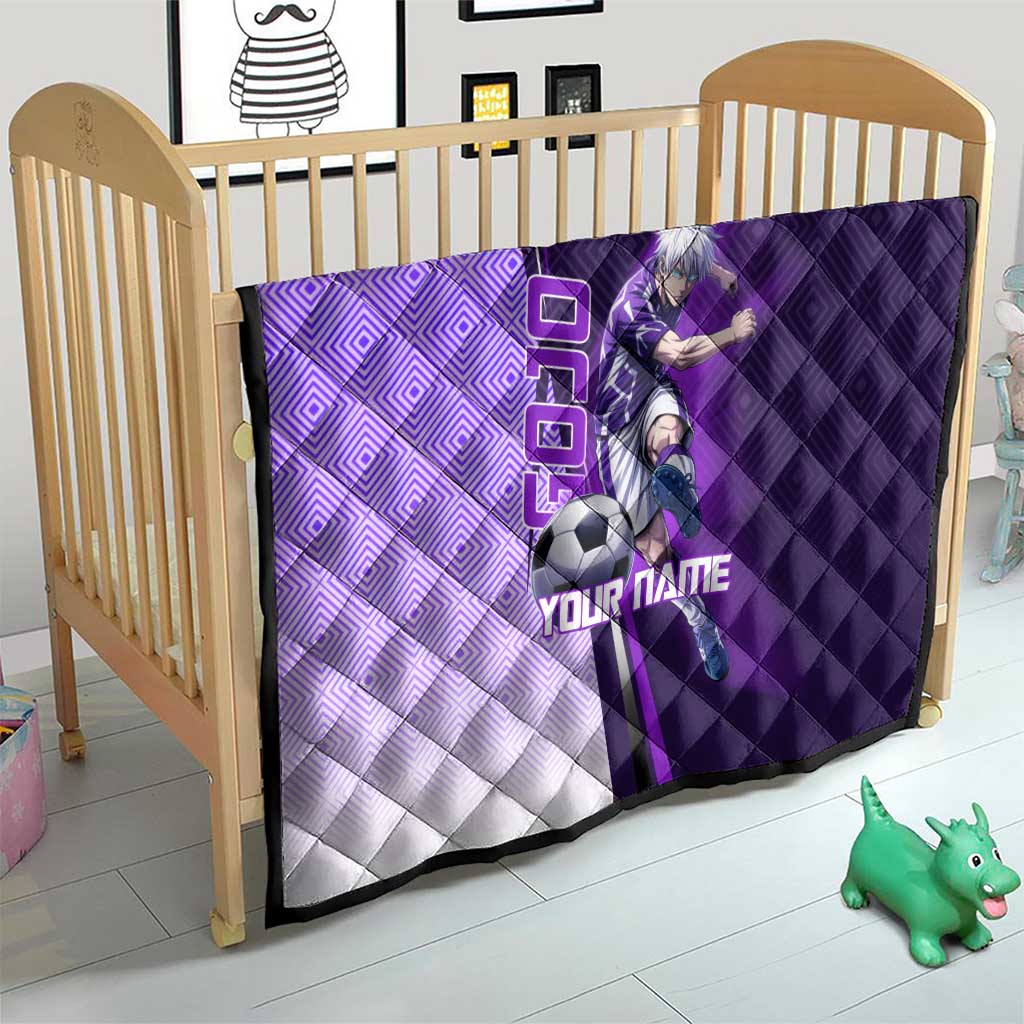 Personalized Gojo Satoru Jujutsu Kaisen Soccer Theme Quilt with Kicking Pose and Purple Gradient Geometric Graphic Design - The Mazicc