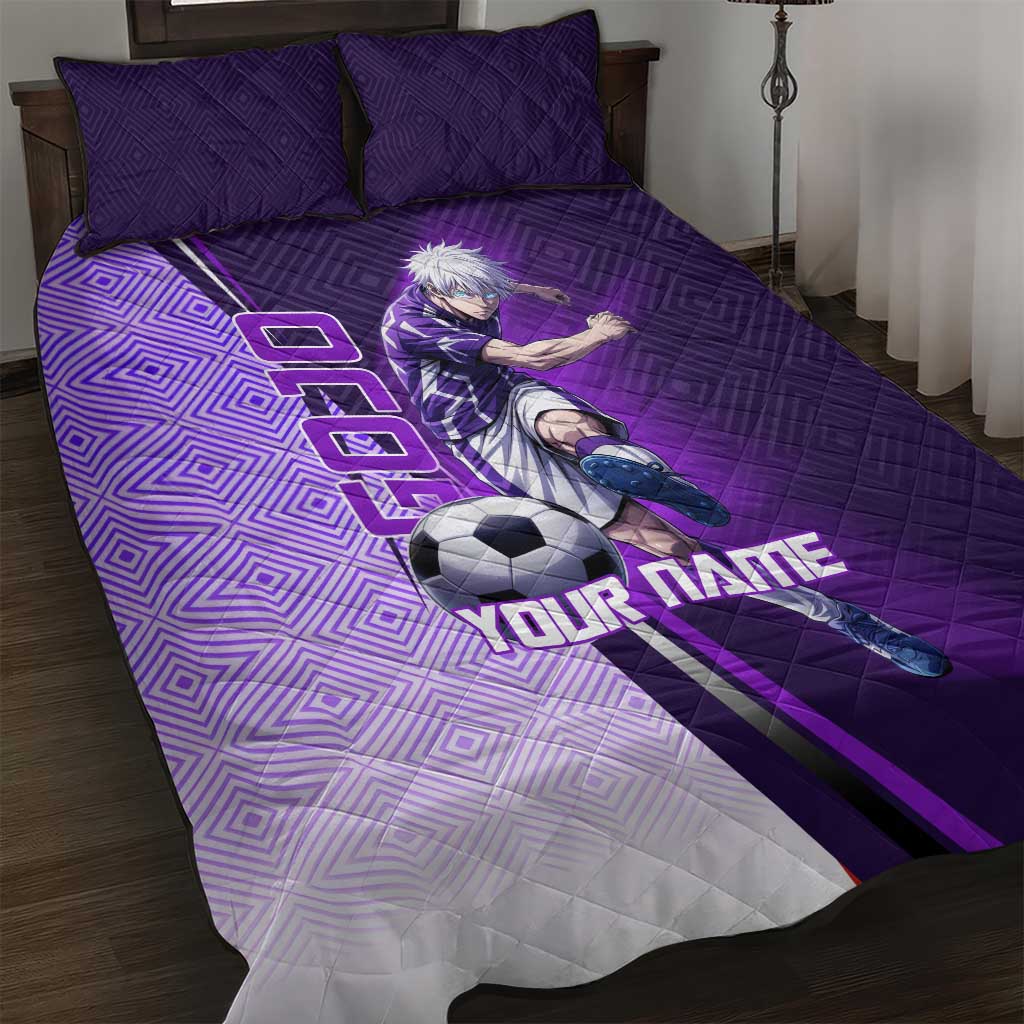 Personalized Gojo Satoru Jujutsu Kaisen Soccer Theme Quilt Bed Set with Kicking Pose and Purple Gradient Geometric Graphic Design - The Mazicc