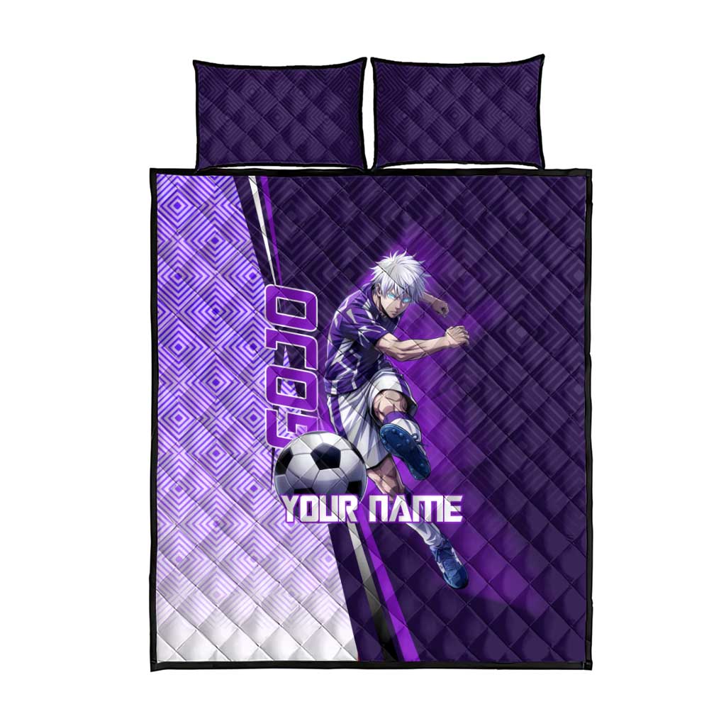 Personalized Gojo Satoru Jujutsu Kaisen Soccer Theme Quilt Bed Set with Kicking Pose and Purple Gradient Geometric Graphic Design - The Mazicc