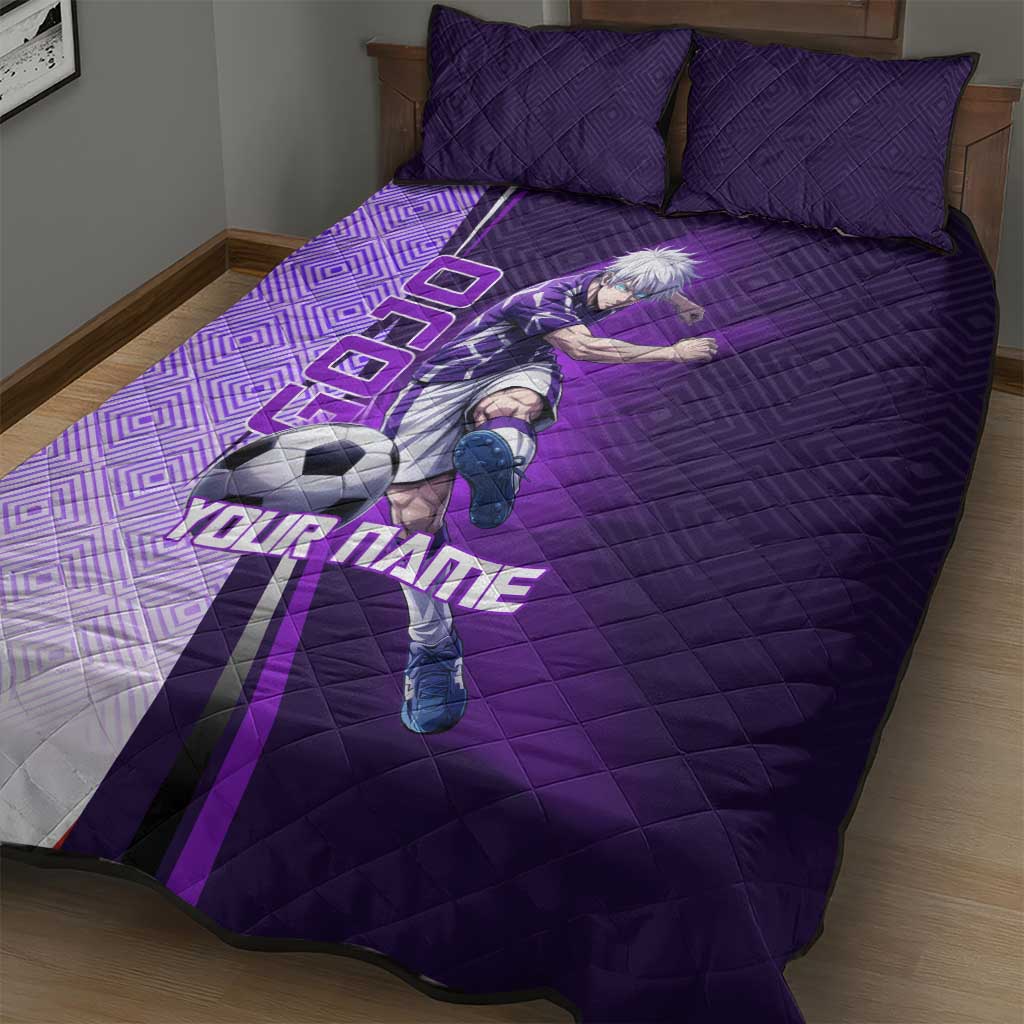 Personalized Gojo Satoru Jujutsu Kaisen Soccer Theme Quilt Bed Set with Kicking Pose and Purple Gradient Geometric Graphic Design - The Mazicc